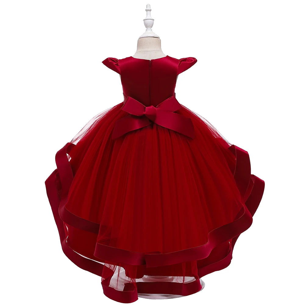 5018 rotes Mädchen-Prinzessinnenkleid mit bestickten Perlen für 3 bis 12 Jahre Mädchen-Schwanz-Partykleid für Kinder, Schulperformance-Kostüme.