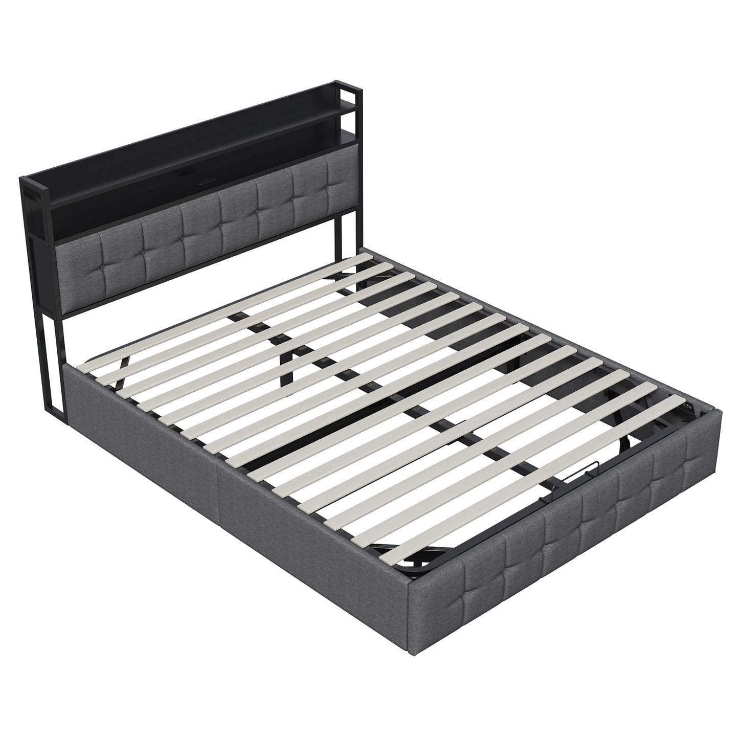 Rosahqnda Kissenbett, gepolstertes hydraulisches Bettgestell, graues Leinenkopfteil, Leinenstoff ohne Matratze