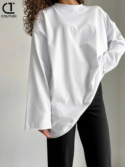 COUTUDI-Oversized T-Shirt for Women, Loose Pullover,Long Sleeve, Casual 100% Cotton Tee Shirt, Lady Tops, Korean Streetwears.
