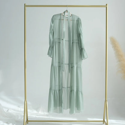 Chiffon Sheer Open Abaya Set Hijabi Muslim Women Party Ramadan Islamic Clothing  Dubai Turkey Kaftan Crepe Kimono Open Abayas