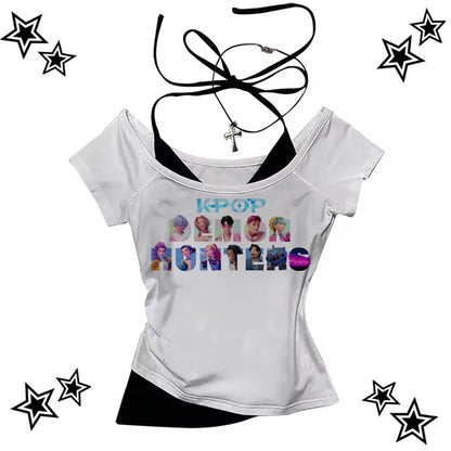 KPop Demon Hunters Tiger Shirt Women O-Neck Short Sleeves Crop Tops T-shirt Fans Gift.