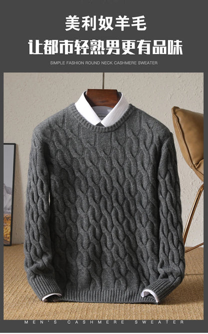 Autumn Winter Thickened Cashmere Sweater 100% Merino Wool Men's Top O-Neck Twisted Pullover Knitted Loose Long Sleeve Sweater.