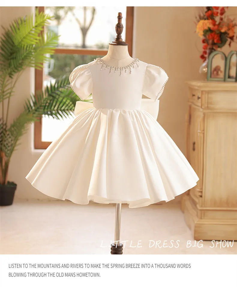 Sommer Solide Perlen Prinzessin Kleid Rundhals Elegante Kinder Brautjungfer Kleidung Luxus Kleider für Hochzeit Edle Kind Kleidung.