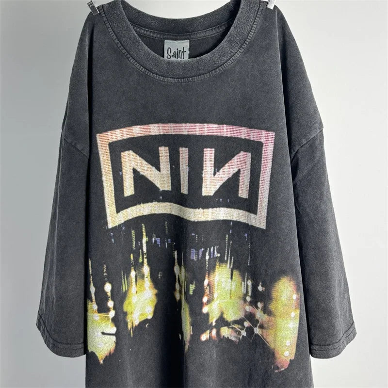 SAINT Vintage NIN Nine-inch Nail T-Shirts Best Quality Vintage Washed T Shirt Tee Tops