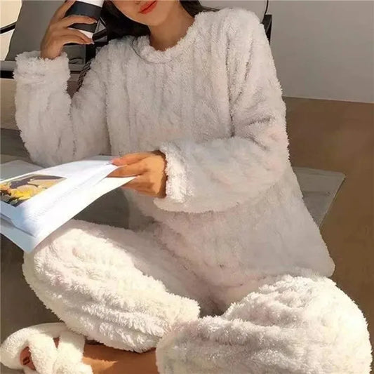 Warmes Pyjama-Set aus weichem Korallensamt-Jacquard für Damen, gemütliche Loungewear-Oberbekleidung für den Winter, Weihnachten, Geschenk für den Schulanfang ﻿