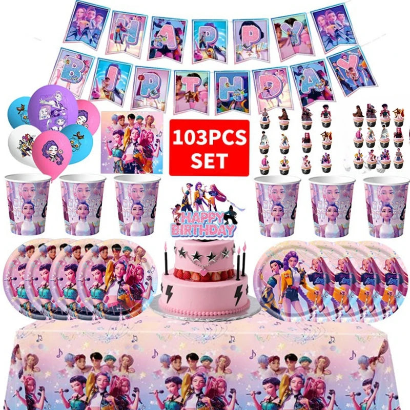 Kpop Demon Hunter Geburtstag Party Dekoration Geschirr Thema für Mädchen Event liefert Kuchen Topper Candy Box Teller Tassen Servietten