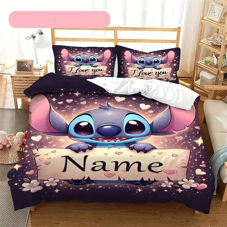 Customizable Stitch Anime Duvet Cover with 2 Pillowcases Cartoon Personalized Name Bedding Set for Women Children Teens.