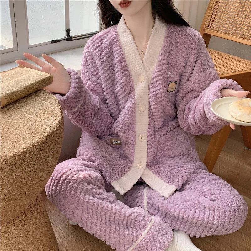 Winter Women Warm Fashion Pajama Sets Sweet   Elegant French Style Girlish Leisure Thicken Flannel Comfort Pajamas