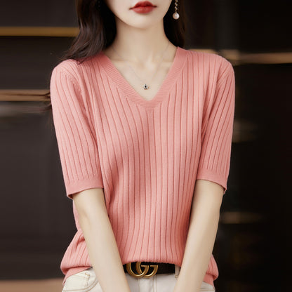 Frauen Pullover Frühling Sommer Kurzarm V-ausschnitt Strick Hemd Casual Koreanische Pullover Streifen Bodenbildung Shirt Slim Fit Jumper