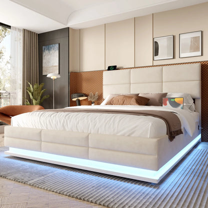 160 x 200 cm großes Bett, modernes, höhenverstellbares Kopfteilbett mit großem Stauraum und LED-Umgebungsbeleuchtung, USB/Typ-C-Verbindungen