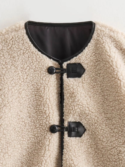 Women's Faux Wool Warm Loose Jacket Coat Retro Round Neck Single Breasted Double Pocket Casual Overcoat Winter Female Chic Coat.