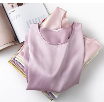 Women 100% Mulberry Silk 19 Momme half sleeve Crew Neck Top Shirt Blouse T-shirt More Colors M L XL MM4270.