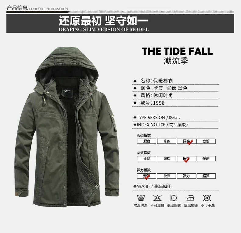 Parkas Coat Military Windproof Hooded Jackets Man Washed Cotton Thick Fleece Casual New  Winter Warm Varsity Jacket Men.