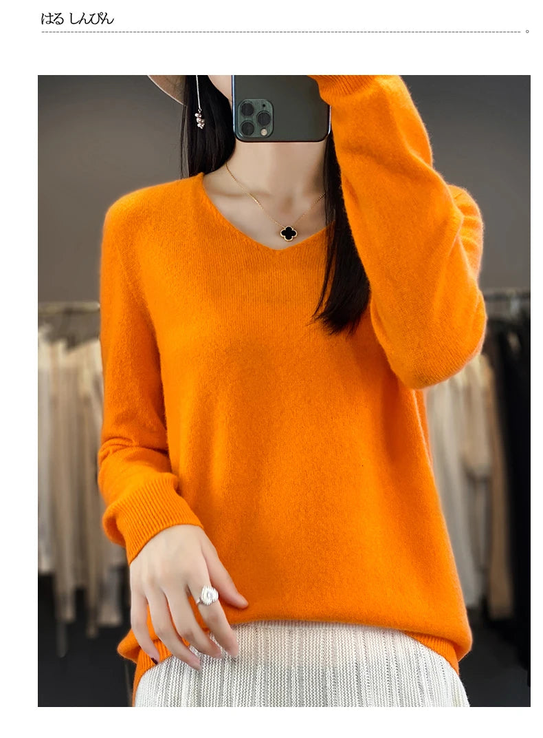 Women 100% Merino Wool Sweater V-Neck Basic Pullover Autumn Winter Cashmere Clothing Long Sleeve Soft Knitwear Tops Solid Color