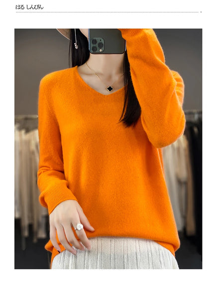 Women 100% Merino Wool Sweater V-Neck Basic Pullover Autumn Winter Cashmere Clothing Long Sleeve Soft Knitwear Tops Solid Color