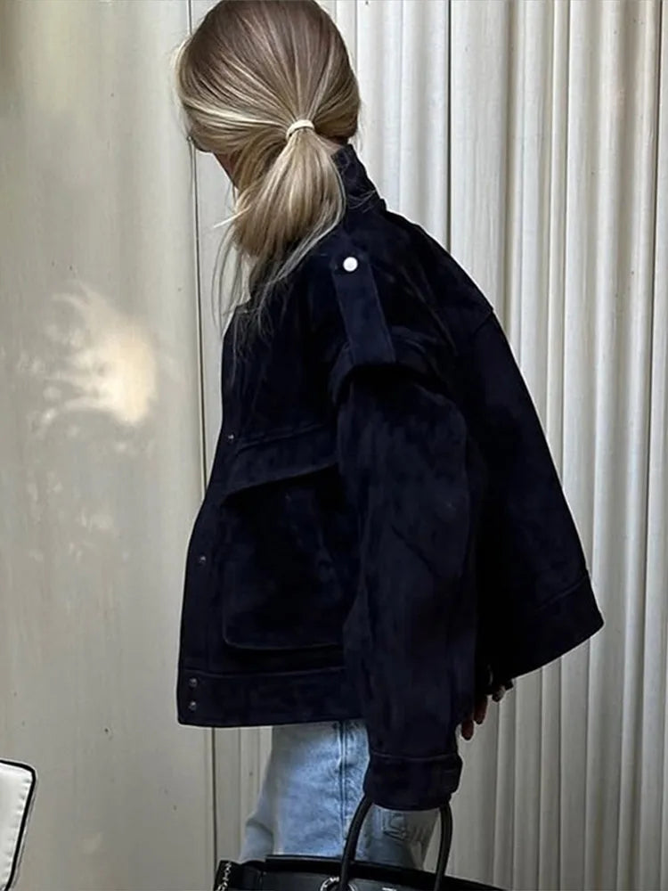 Wildleder Fleece Taschen Damen Jacken Mode Einreiher Langarm Mäntel Lose Gerade Kurze Tops Herbst Warme Kleidung.