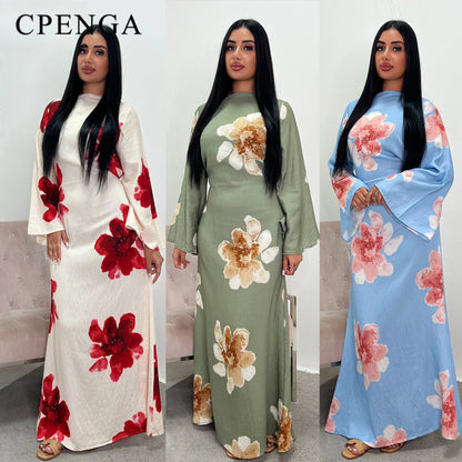 Arabesque Bell Sleeve Flowy Maxi Abaya Dress Elegant Floral Print Muslim Modest Long Dress Islamic Vacation Outfit Summer Robe.