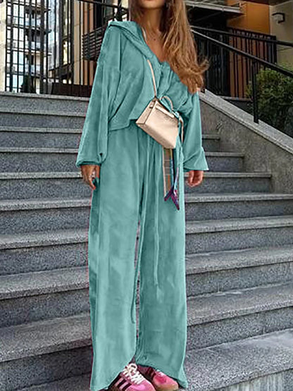 Women Autumn Hooded Coat Two Pieces Sets, Solid Patchwork Wide Leg Pants Chic Outfit, New Long Sleeve Casual Simple Ladies Suits.