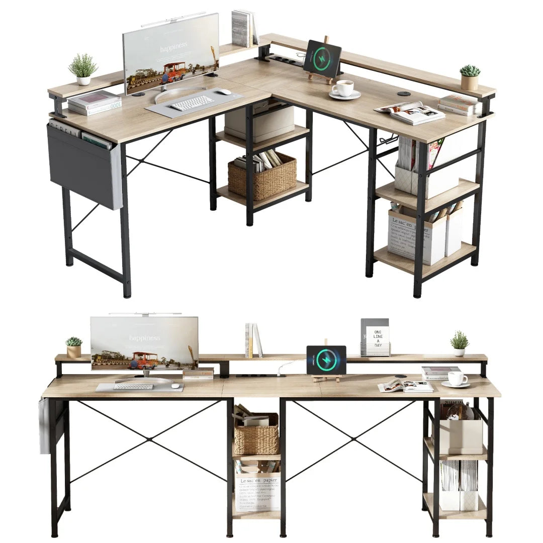 Eckschreibtisch mit Doppelablage L-förmig Computer Tisch mit Regal und Haken höhenverstellbar 140cm