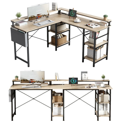 Eckschreibtisch mit Doppelablage L-förmig Computer Tisch mit Regal und Haken höhenverstellbar 140cm