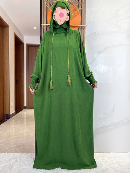 Muslim Abaya Solid Cotton Pullover Two Hat Women Eid Hooded Long Maxi Dress Turkey Kaftan Arab Robe Islamic Hijab Dubai Clothing