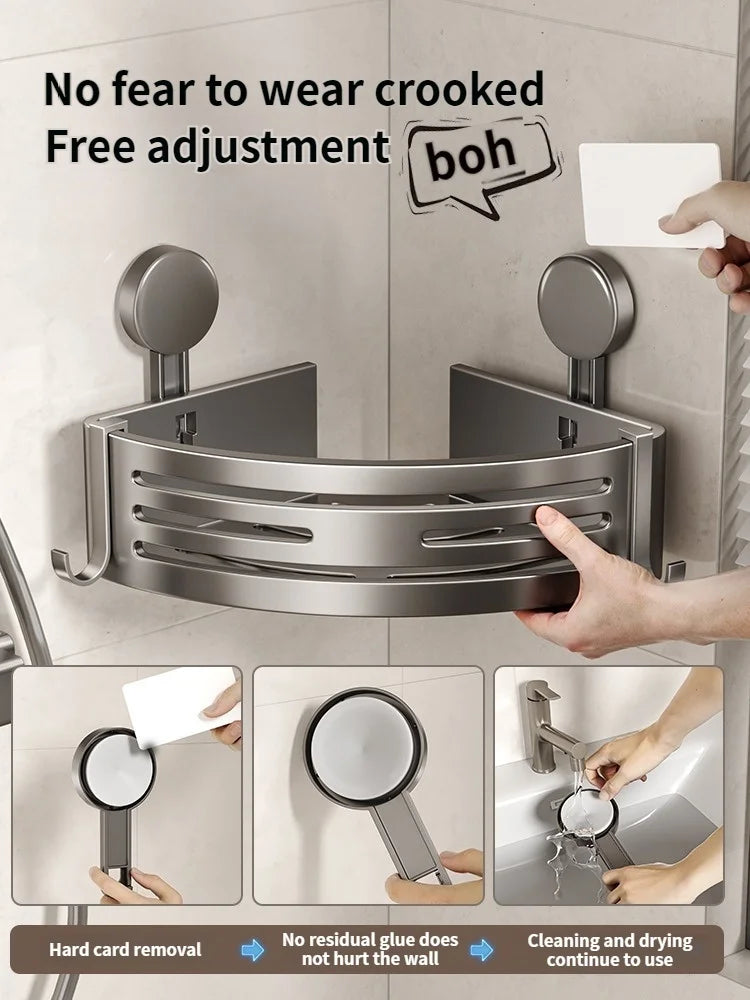 Badezimmer-Aufbewahrungsregal, Saugnapf, perforationsfreies Badezimmer, dreieckiger Toilettenwaschbehälter, Eck-Badezimmer-Aufbewahrungsregal