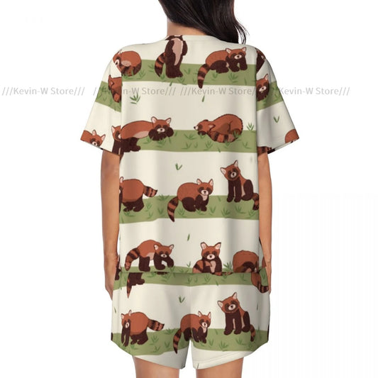 Damen-Pyjama mit kurzen Ärmeln, süßer roter Panda, 2-teilig, für Damen, Sommer-Nachtwäsche, Nachtwäsche, Homewear