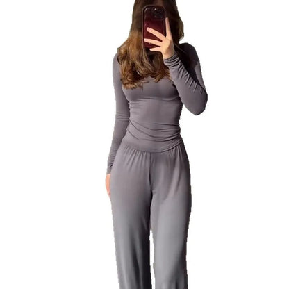 Solid Color Top Women Set Slim Fit Long Sleeved O-neck Top Pleated Straight Pocket Pants 2025 Spring/summer Vacation Women's Set.