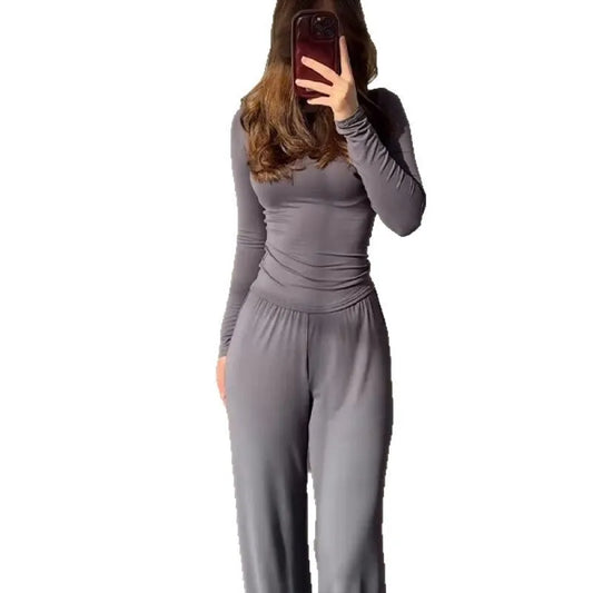 Solid Color Top Women Set Slim Fit Long Sleeved O-neck Top Pleated Straight Pocket Pants 2025 Spring/summer Vacation Women's Set.