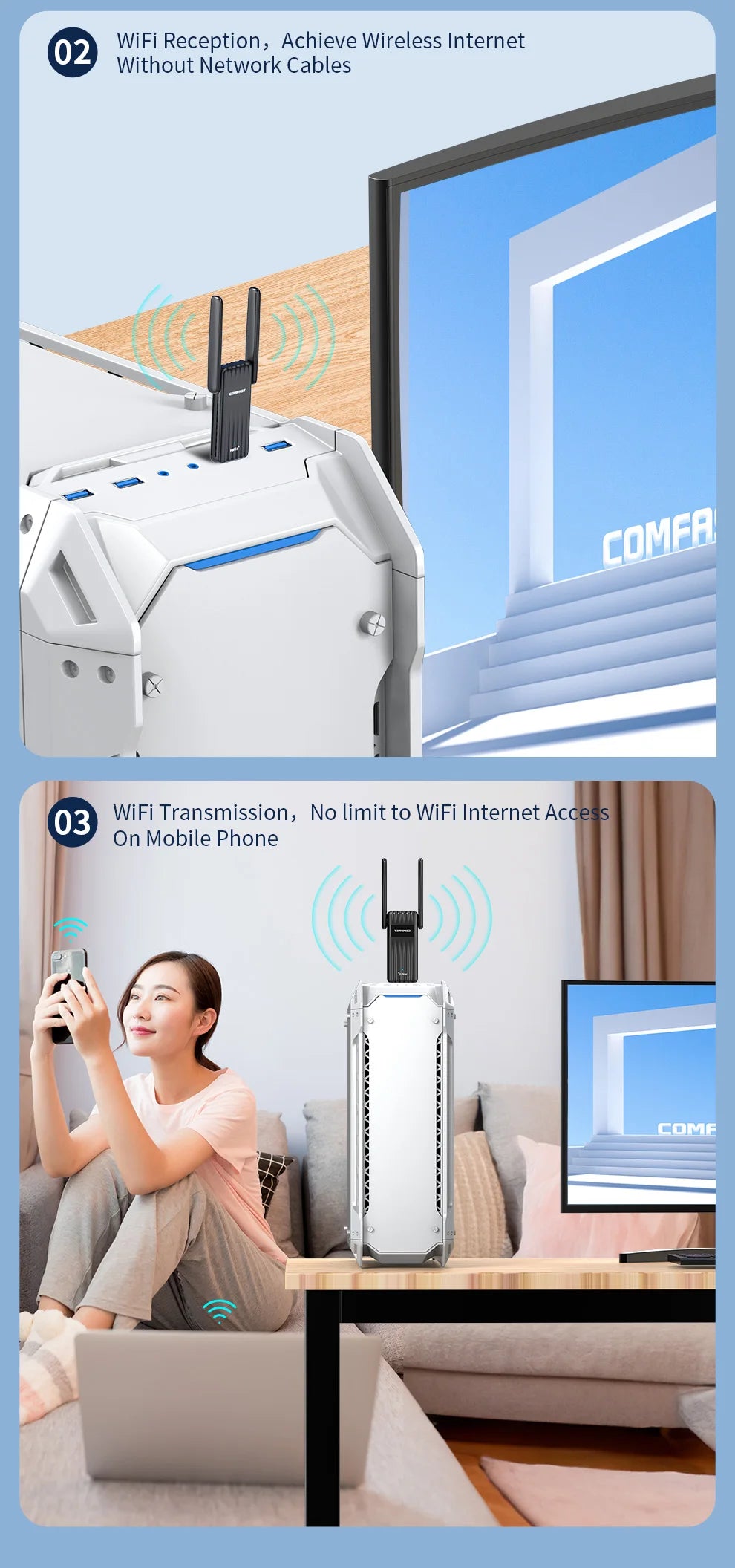 COMFAST 900Mbps WiFi 6 BT 5.3 USB Adapter Dual Band 2.4/5G RTL8851BU Wireless Free Drive Network Card For Laptop PC Win 10/11.