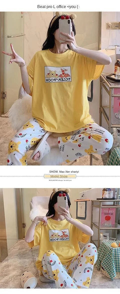 Sommer Pooh Bär Nachtwäsche frauen Lose Bequeme Cartoon Print Hause Kleidung Set Kurzarm Nachthemd Mickey Pyjama Set.