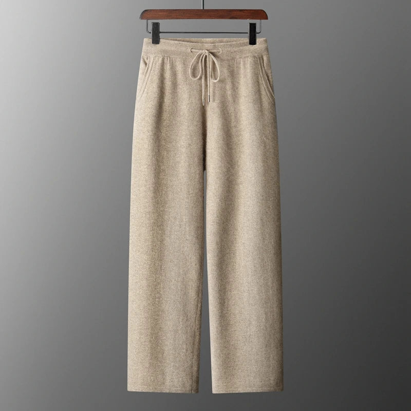 Classic Versatile 100% Cashmere Pants Men High Waist Knitted Straight Pants Solid Color Loose Thin Wide Leg Pants.