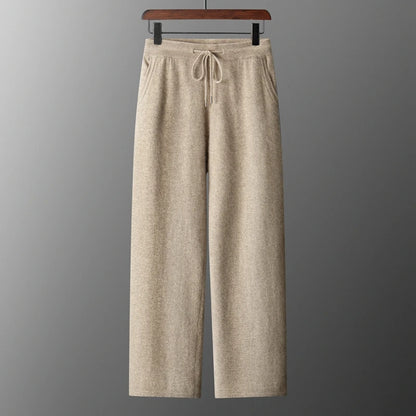 Classic Versatile 100% Cashmere Pants Men High Waist Knitted Straight Pants Solid Color Loose Thin Wide Leg Pants.