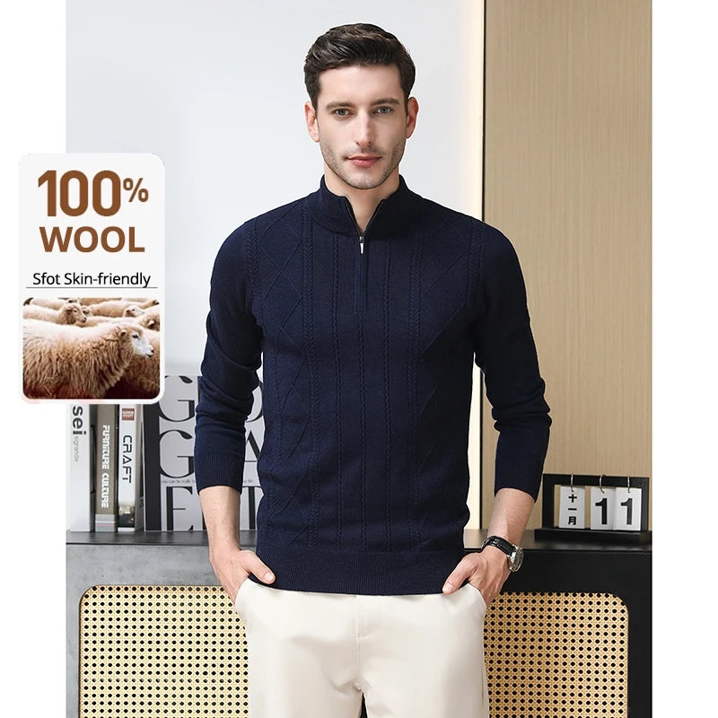High End 100% Australia Wool Cashmere New Autum Winter Fashion Brand Casual Zip Up Men Pullover Knit Half Turtleneck Sweater.