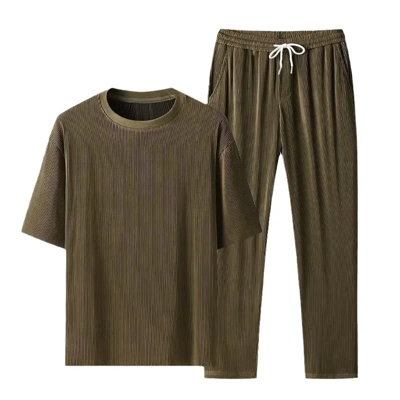 High-End Ice Silk Men's Sports Suit Casual Home Use Long Pants Short Sleeves Quick Drying Top Set Summer Collection.