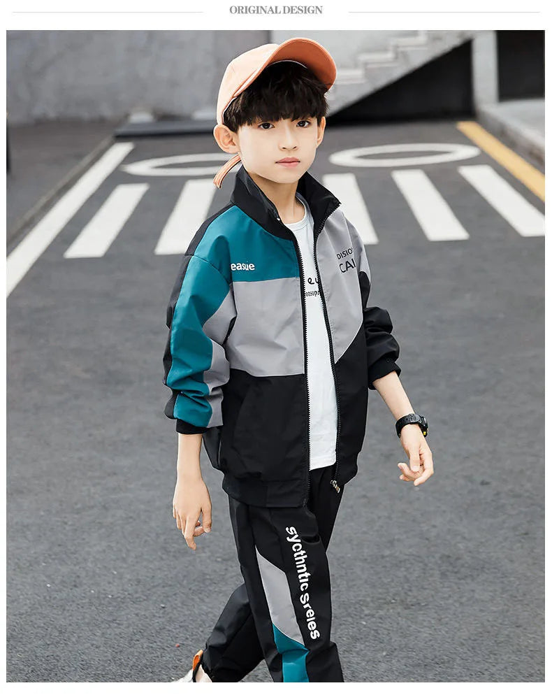 Teenage Boys Clothing Set Autumn Children Patchwork Sportswear Suits Fashion Big Boy Zipper Birthday Outfit Costumes for Kids.