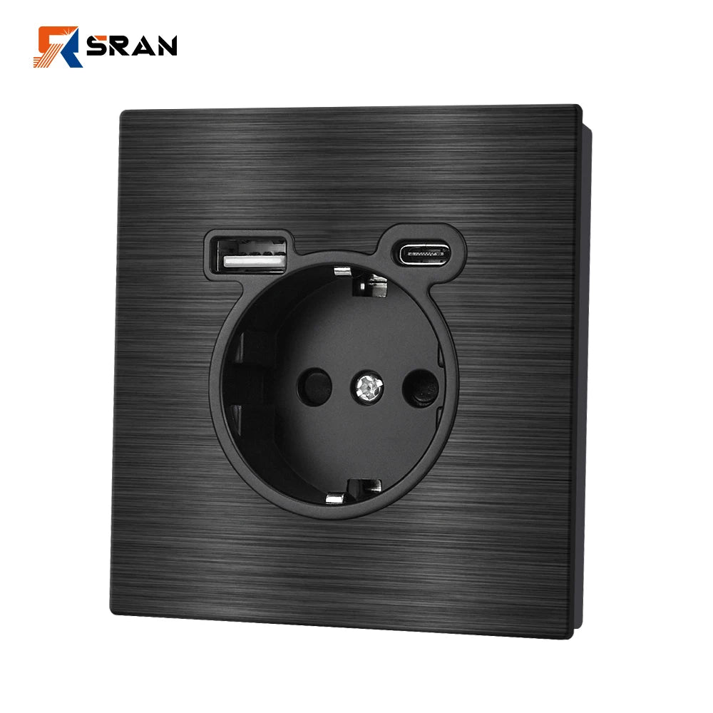 SRAN Eu-Steckdosen, 82/153/224 x 82 mm, schwarzes Panel aus Aluminiumlegierung, 16 A USB-Wandsteckdose Typ C, Heimbüro.