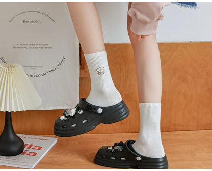 5 Pairs of White Women's Embroidered Socks for All Seasons Cotton Socks Mid-high Tube Student Cartoon Sports Socks.