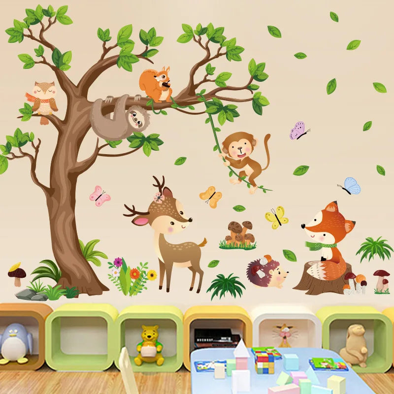 Cartoon tree deer fox monkey sticker for living room kids room decoration self adhesive wall decor.