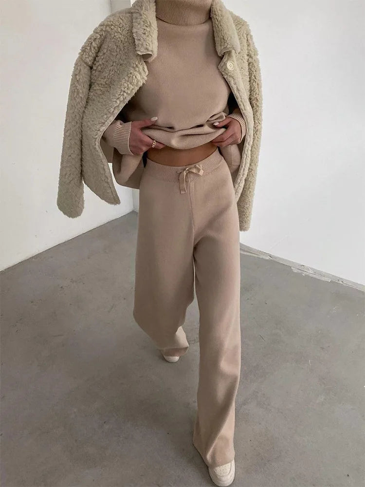 Autumn and Winter Women's New Knitted Fashion Casual Suit Two-piece High-neck Long-sleeved Top + Drawstring Wide-leg Pants Y2k.