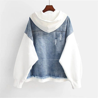 Fake Two-piece Denim Hoodies Coat Women Spring Autumn Trend Cardigan Hoodie Casual Loose Hooded Baseball Jacket Streetwear Woman.