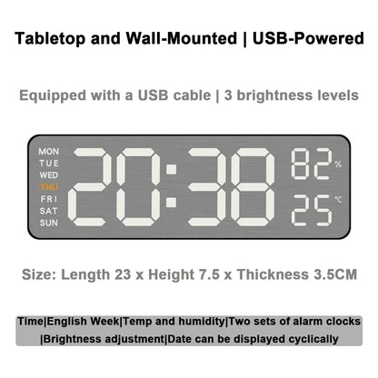 Wanduhr mit Spiegel-Bürsten-Finish, Premium-Gefühl, geräuschlos, Wanduhr, Tischwecker, Temperaturanzeige, Schlafzimmer, Büro, Wohnzimmer, Dekoration