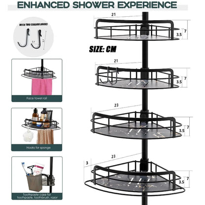 4-stufiges verstellbares Eck-Duschregal (82–296 cm) – kein Bohren, Spannstange, dreieckiger Organizer für Badezimmer, Küche, Aufbewahrung mit Haken