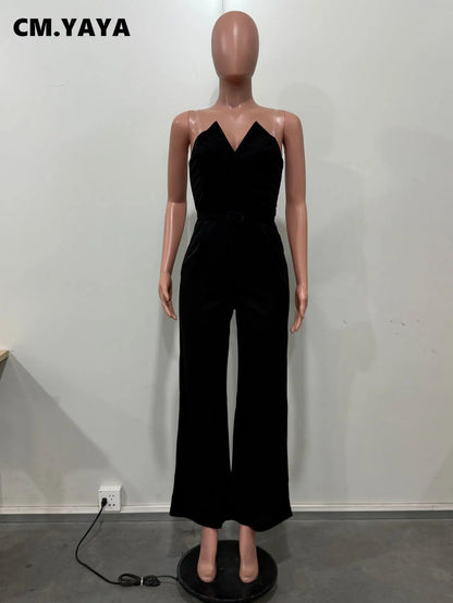 CM.YAYA Women Wide Leg Strapless V-neck Sleeveless Jumpsuits 2025 Summer OL Beach Night Club Party Street One Piece Suit Romper