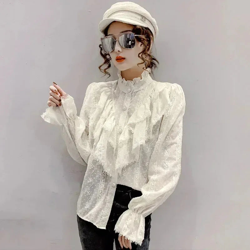 Long Sleeve Loose Spring Fashion Button White Shirt Elegant Stand Collar Pleated Tops Casual Ruffle Lace Blouse Blusas 15832.