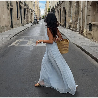 Sexy frauen Einfarbig Gefaltete Lange Kleid Elegante Ärmellose Hosenträger Backless Slim Fit Kleider Strand Party frauen Robe.