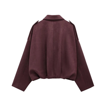 TRAFZA Damen-Jacke mit Wildleder-Textur, High Street, lange Ärmel, Umlegekragen, elastischer Reißverschluss, Knopfleiste, solider, trendiger Frühlingsmantel