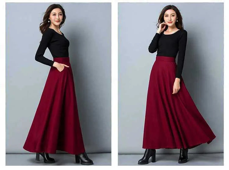 Autumn Winter Black Gray Large Size Woolen Long Skirt Women Fashion Korean Ladies Red High Waist Festival Pleated A-line Skirts.