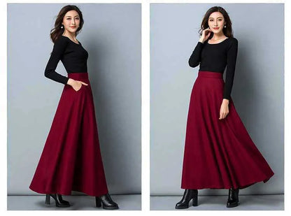Autumn Winter Black Gray Large Size Woolen Long Skirt Women Fashion Korean Ladies Red High Waist Festival Pleated A-line Skirts.