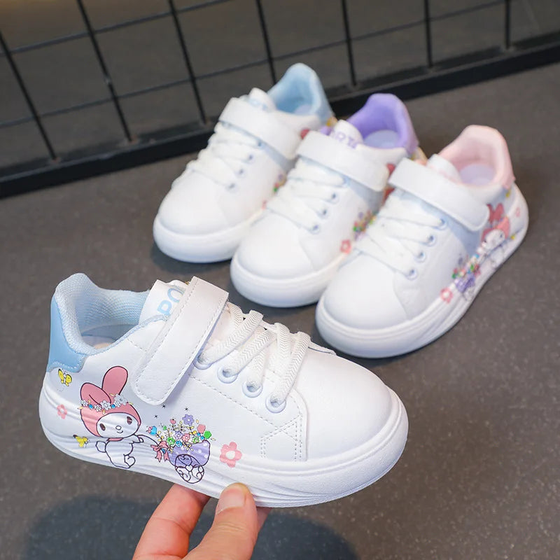Baby Girls White Shoes Kids Casual Sneakers Cartoon Soft Breathable Fashion Children White PU Leather Shoes Size 26-37.